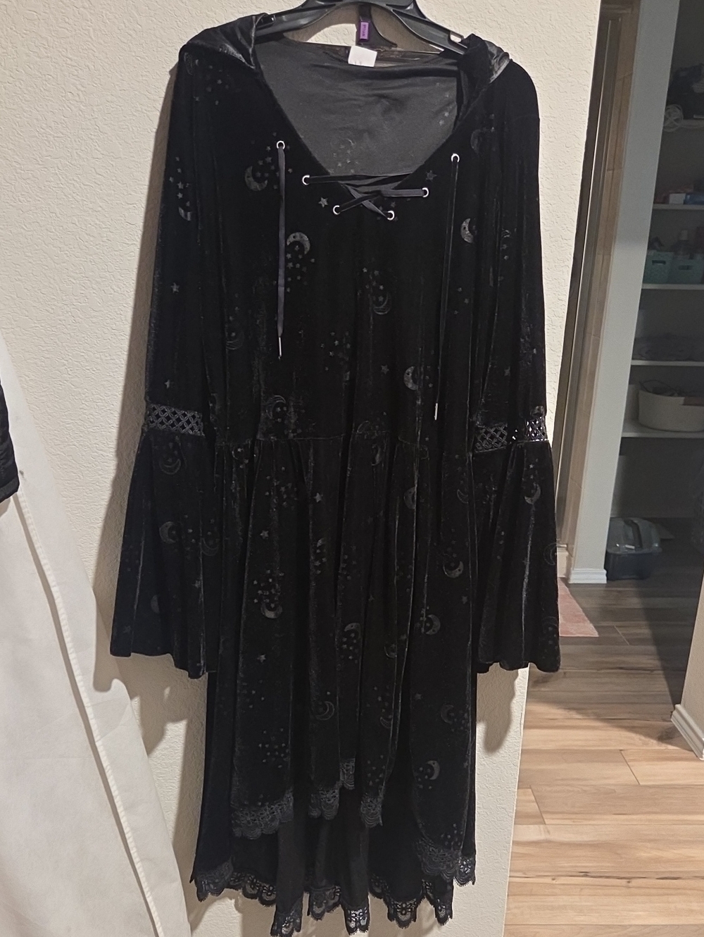 Spirit Halloween Black Velvet Lace-Up Hooded Gothic Maxi Dress